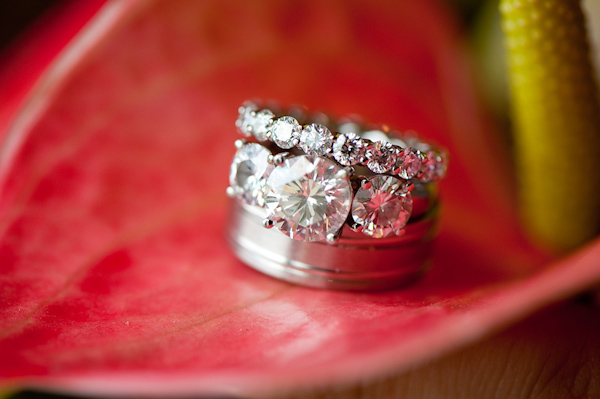 display of platinum and diamond wedding rings on a pink petal of a plant - photo by Houston based wedding photographer Adam Nyholt 